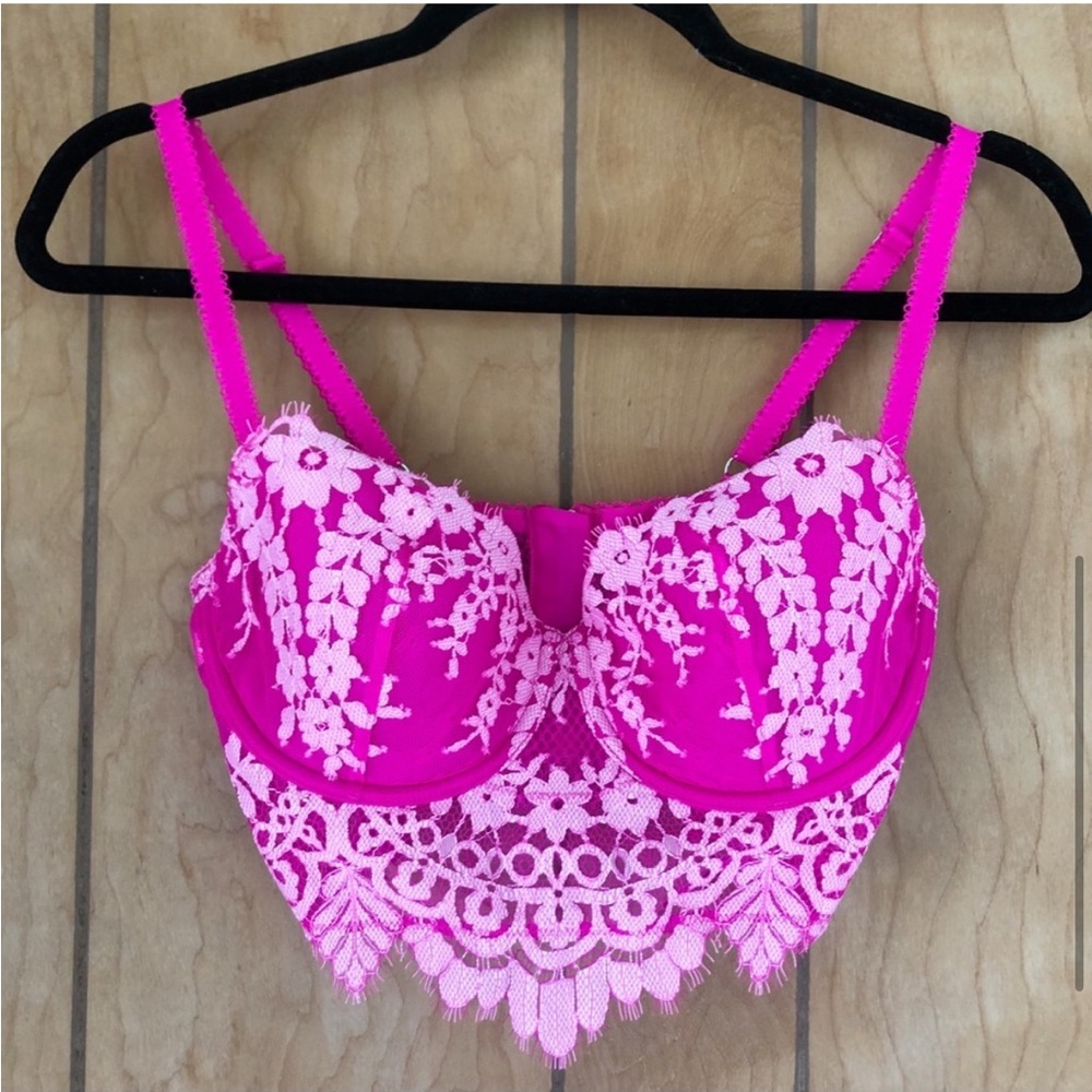 VICTORIA’S SECRET Dream Angels Eyelash Bra Floral Lace Long Line Demi Pink 36D - Picture 6 of 15